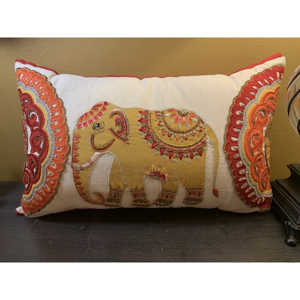 Atira‎ Elephant Embroidered Beaded Colorful Decorative Pillow India 18x10 Cotton
